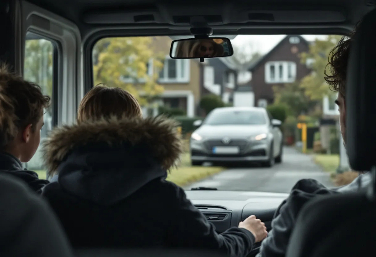 Een koppel kijkt geconcentreerd naar een laptopscherm dat een autovergelijking weergeeft; door het raam is een grijze gezinsauto te zien op een met kinderkrijt versierde oprit in een Vlaamse woonwijk.