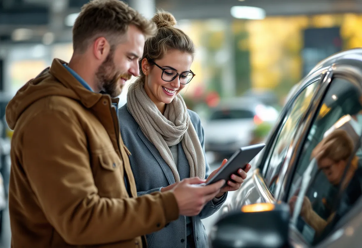Een Vlaamse vader en moeder bekijken een tweedehands auto bij een dealer, terwijl ze op een tablet de langetermijnkosten en betrouwbaarheidscijfers vergelijken.