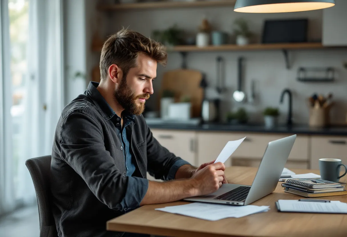 Een man zit aan een keukentafel met een laptop, een autosleutel en papieren rekeningen, terwijl hij de maandelijkse autokosten berekent.