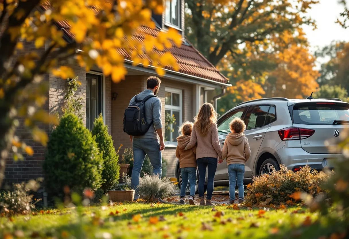 Een gezin met twee kinderen bekijkt een zilveren gezinsauto op de oprit van een huis in een Vlaamse buitenwijk, met kleurrijke herfstbladeren op de grond en een zachte septemberzon.
