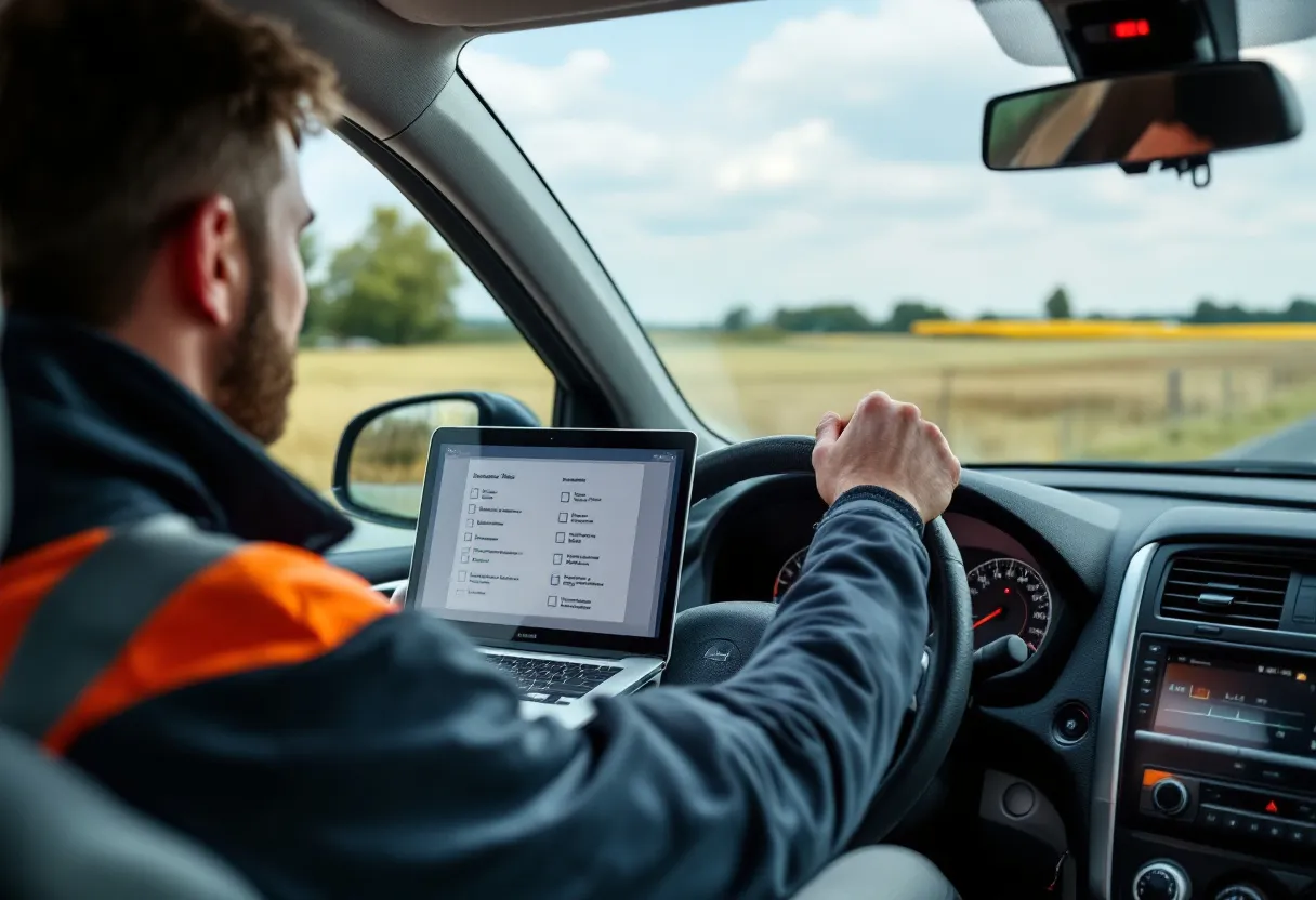 Een fotorealistische foto van een Vlaamse bestuurder die een gebruikte auto inspecteert op een zonnige dag, met een laptop op de motorkap die een checklist toont, en op de achtergrond een typisch Vlaams landschap met een kerktoren.