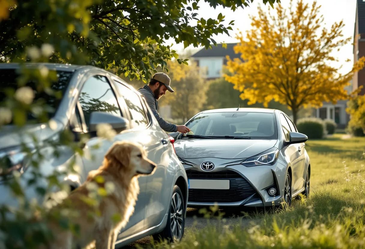 Een zonnige oprit in een Vlaamse buitenwijk waar een monteur de olie van een zilveren Toyota Yaris ververst, terwijl een nieuwsgierige golden retriever toekijkt en een kastanje boom in bloei staat op de achtergrond.