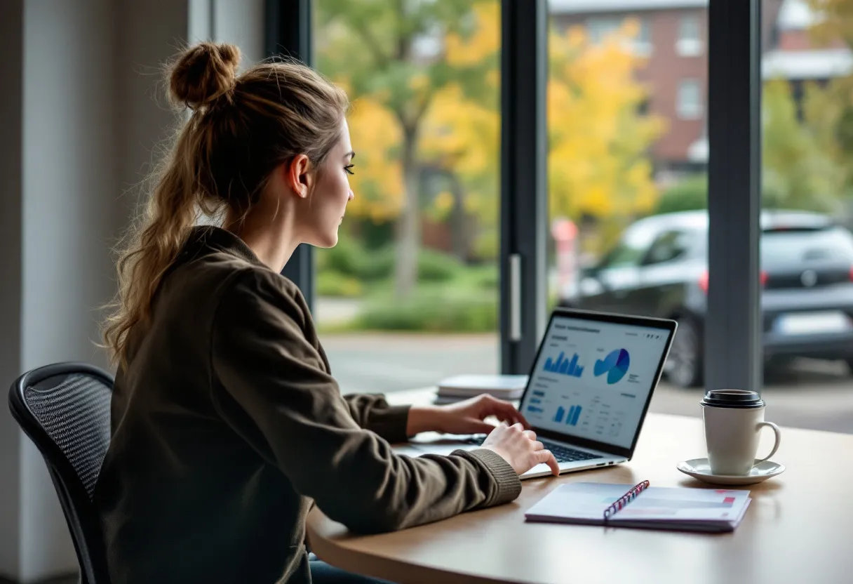 Een jonge Vlaamse bestuurder zit aan een keukentafel met een laptop, een koffiekop en een stapel autobrochures naast een glazen schuifdeur die uitkijkt op een oprit met een compacte hatchback, terwijl ze een autoverzekering vergelijkt op een helder scherm met kleurrijke grafieken.
