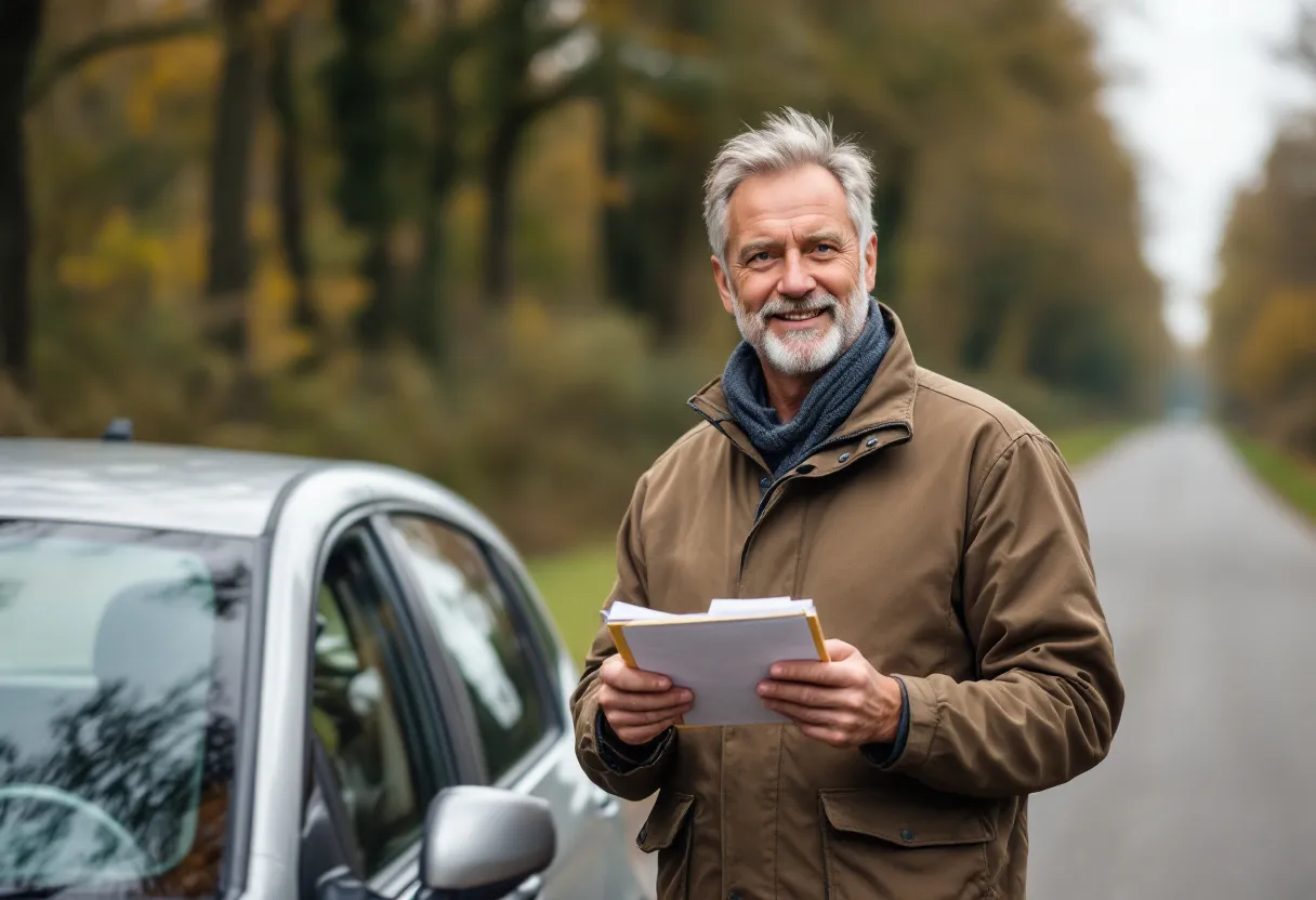 Een glimlachende man van middelbare leeftijd staat naast een zilverkleurige compacte auto op een landweg tussen knotwilgen in het Vlaamse platteland, met een notitieblok in de hand waarop hij een checklist afvinkt.