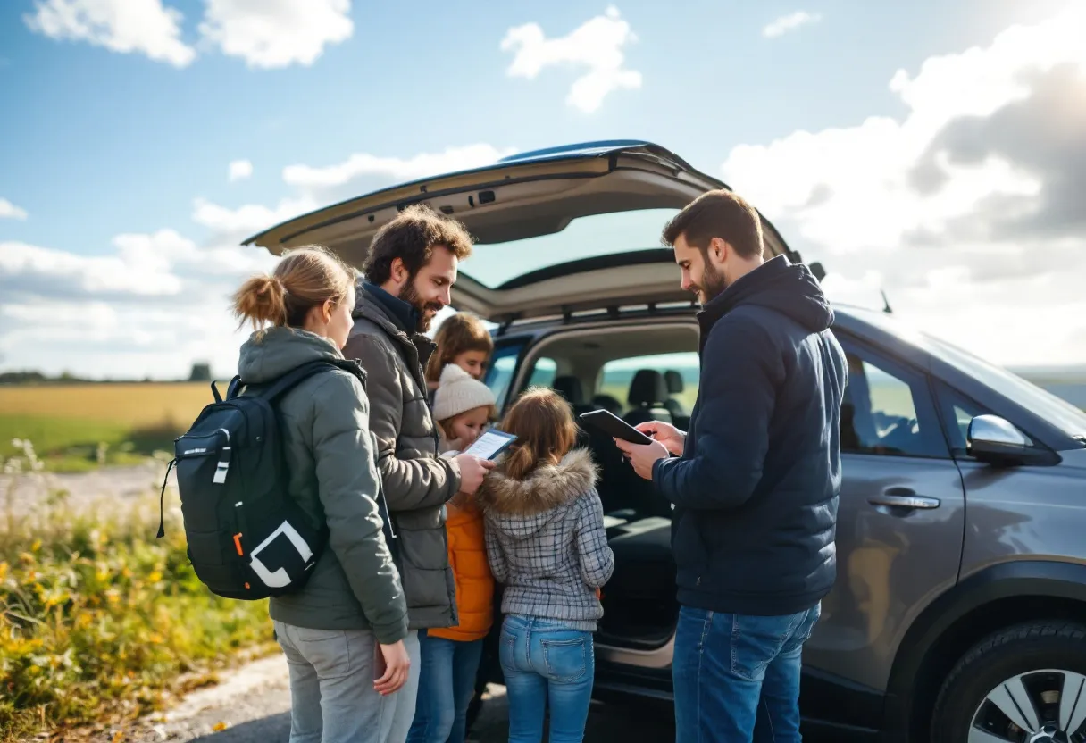 Een Vlaams gezin van vier staat naast een compacte SUV op een zonnige oprit, terwijl de vader een checklist vasthoudt en een monteur de motorruimte inspecteert met een tablet waarop kostenberekeningen zichtbaar zijn.
