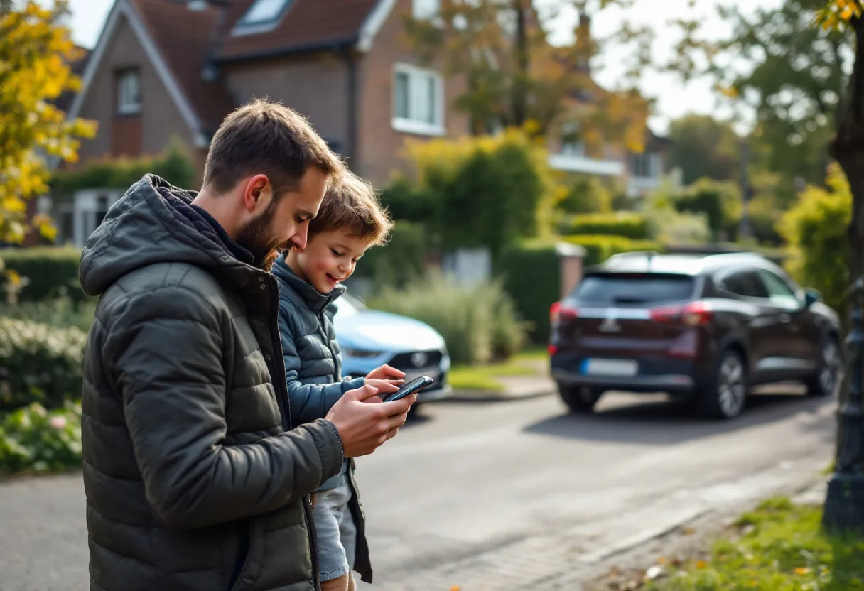 Een Vlaams koppel met een jong kind staat in een rustige woonstraat te kijken naar hun smartphone, terwijl op de achtergrond een compacte hatchback en een gezins-SUV aan de stoeprand geparkeerd staan, wat het keuzeproces van een nieuwe auto symboliseert.