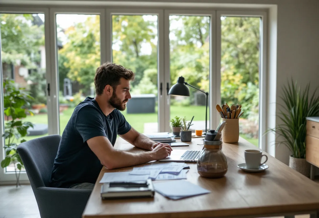 Een man zit aan een eettafel in een Vlaams huis met zicht op een tuin, voor hem een open laptop, papieren offertes, een rekenmachine en een kop koffie.