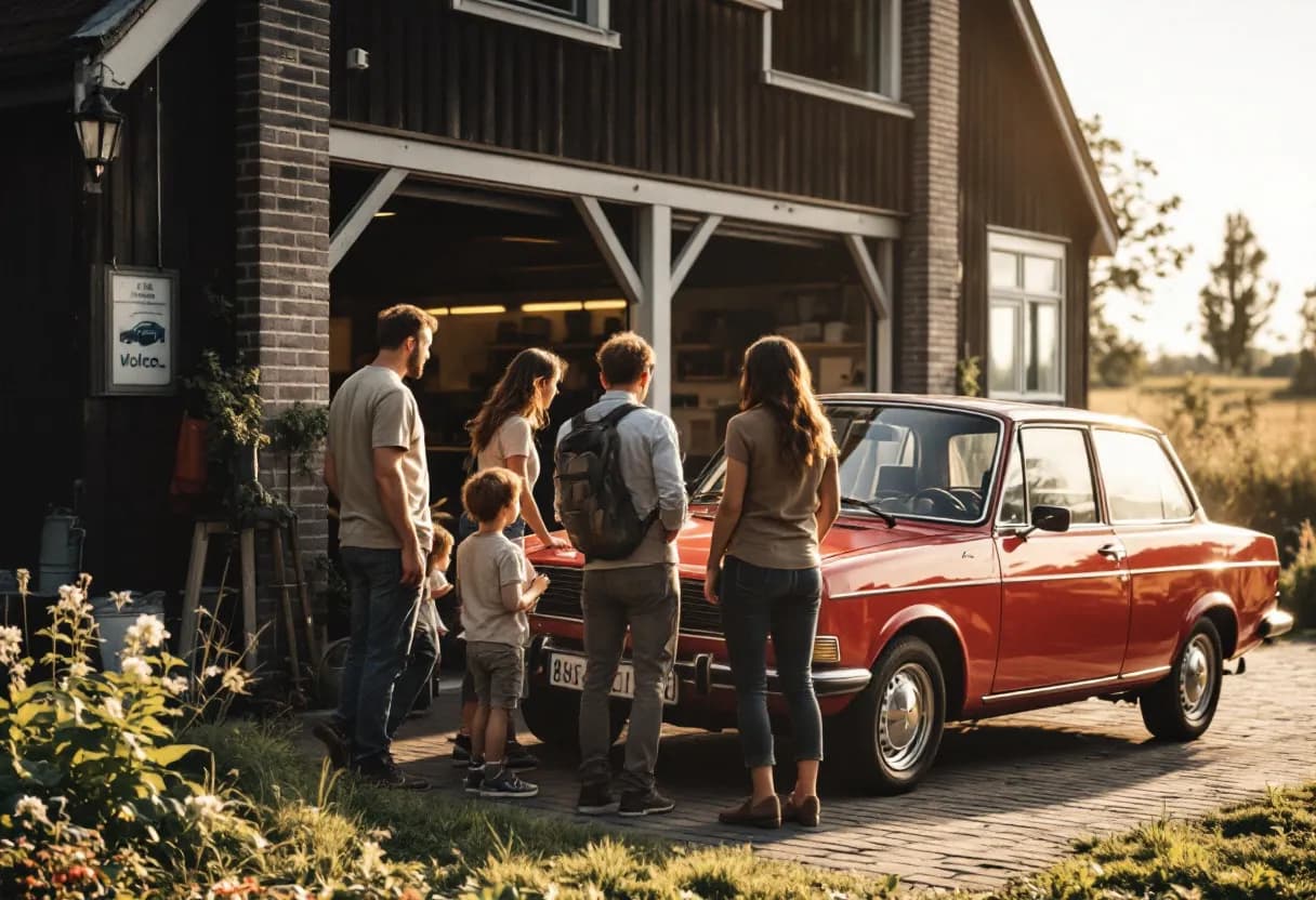 Een Vlaams gezin bekijkt een glanzende gezinswagen bij een erkende garage, terwijl een monteur de motor controleert, met op de achtergrond een typisch Vlaams landschap.