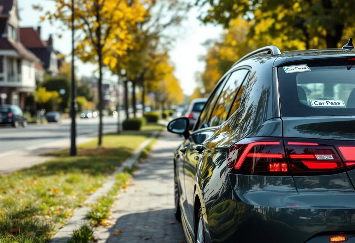Een zorgvuldig gepoetste gebruikte auto staat op een zonnige oprit in een Vlaamse buitenwijk, met een trotse eigenaar die de autopapieren vasthoudt en een mapje met 'Car-Pass' zichtbaar op de motorkap.