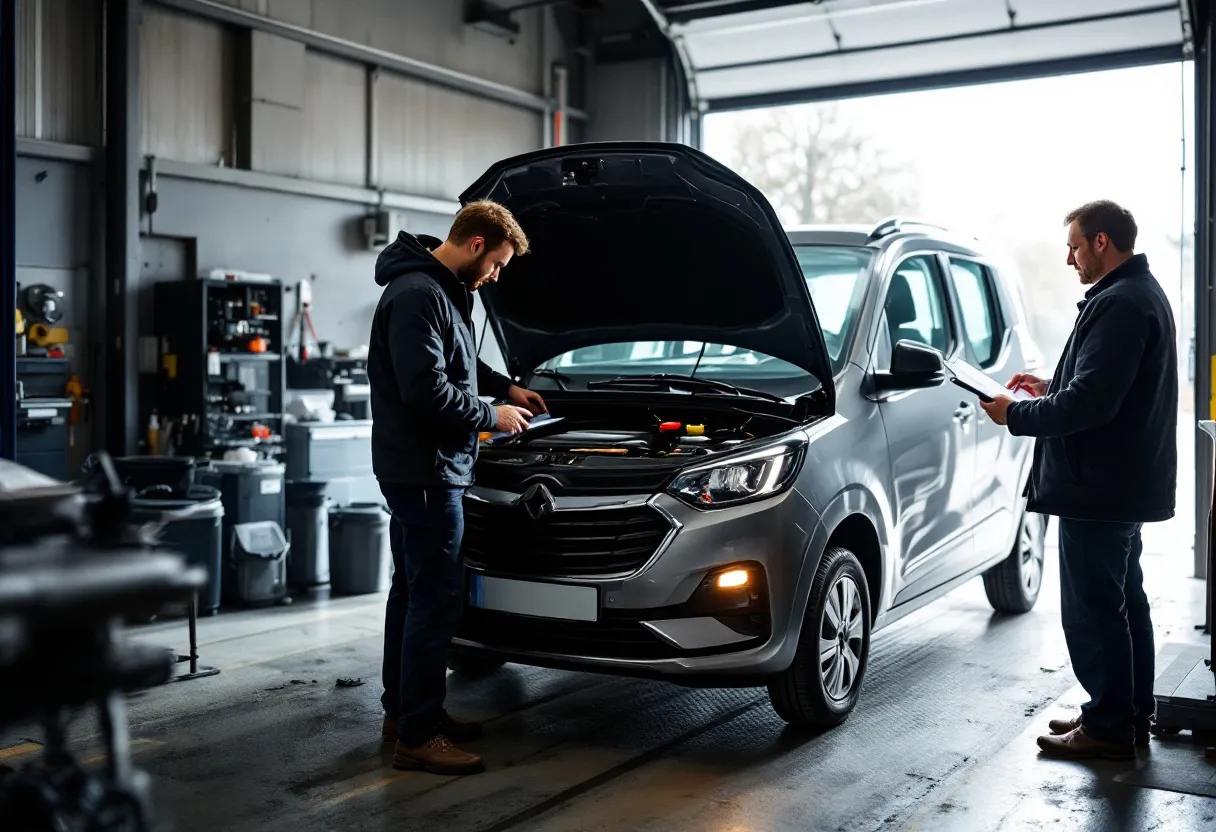Een Vlaamse monteur in een heldere garage inspecteert de motor van een zilvergrijze compacte wagen, terwijl de toekomstige eigenares met een tablet en checklist toekijkt, daglicht valt door de geopende roldeur.