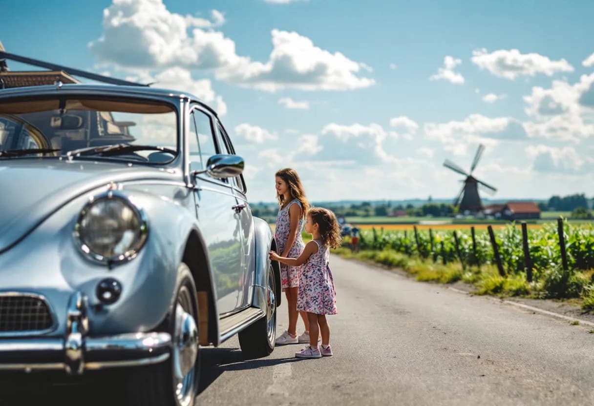 Een jong gezin met twee kinderen bekijkt een ruime zilverkleurige stationwagen bij een Vlaamse autohandelaar op een zonnige dag, met op de achtergrond een typisch Vlaams landschap van glooiende velden en een molen.