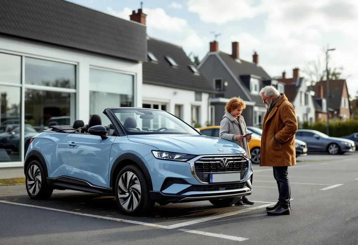 Een glimlachend koppel inspecteert een nette blauwe tweedehands auto op een lommerrijke dealerparking in West-Vlaanderen, met karakteristieke Vlaamse huizen op de achtergrond.