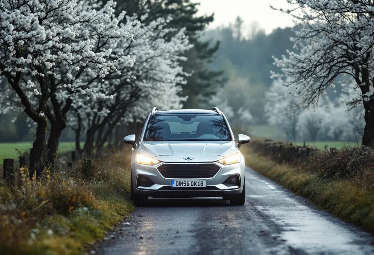 Een zilverkleurige gezinsauto met een glazen dak en scherpe led-koplampen, geparkeerd op een kronkelende landweg in de Vlaamse Ardennen, met bloeiende meidoornhagen en een kerktoren op de achtergrond.