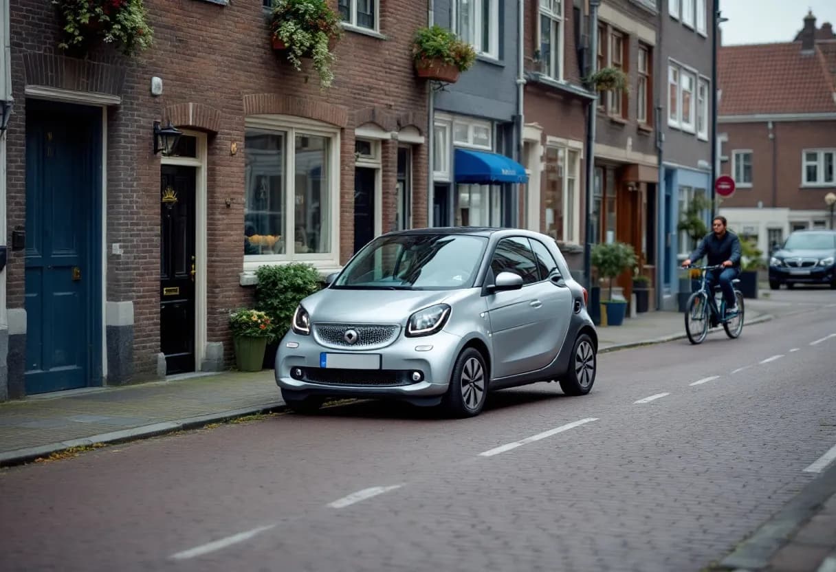 Een kleine, zilverkleurige stadsauto staat geparkeerd in een smalle straat met kasseien in het centrum van een Vlaamse stad, omringd door oude bakstenen huizen en een fietser die voorbijrijdt.