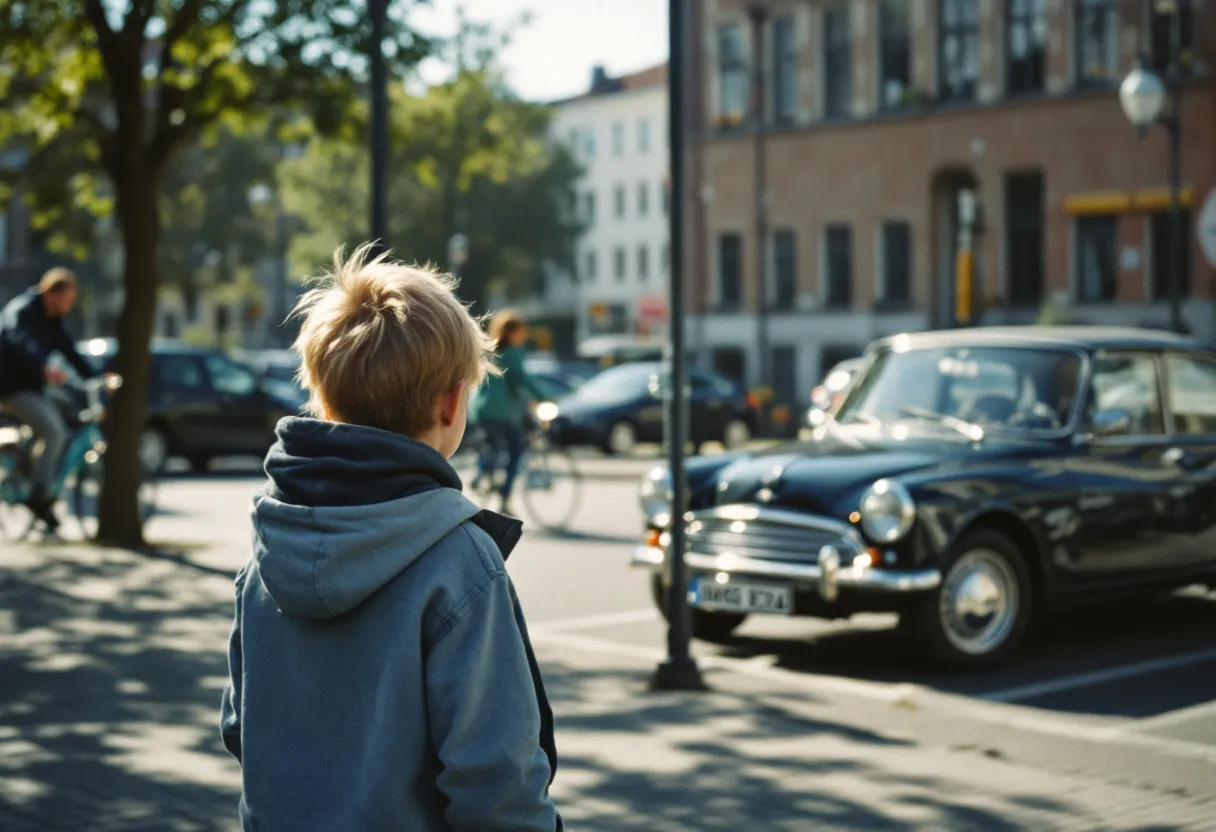 Een jonge koppel bekijkt een glanzende tweedehands auto op een zonnige parkeerplaats in een Vlaamse stad, met de auto geparkeerd voor een bakstenen gebouw en een fietser die voorbijrijdt.