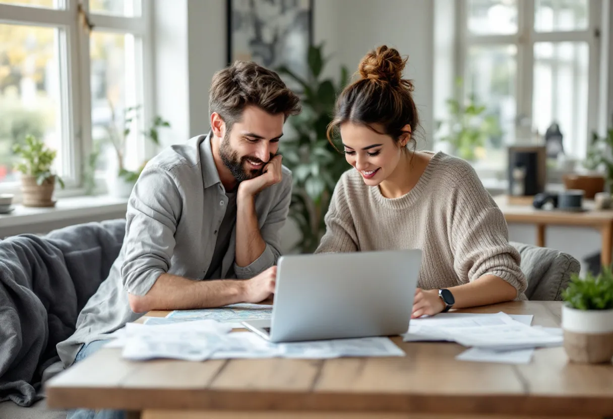 Een man en een vrouw zitten aan een houten tafel met een open laptop, autosleutels en een map met papieren. Ze bespreken samen een autolening en glimlachen terwijl ze naar het scherm wijzen.