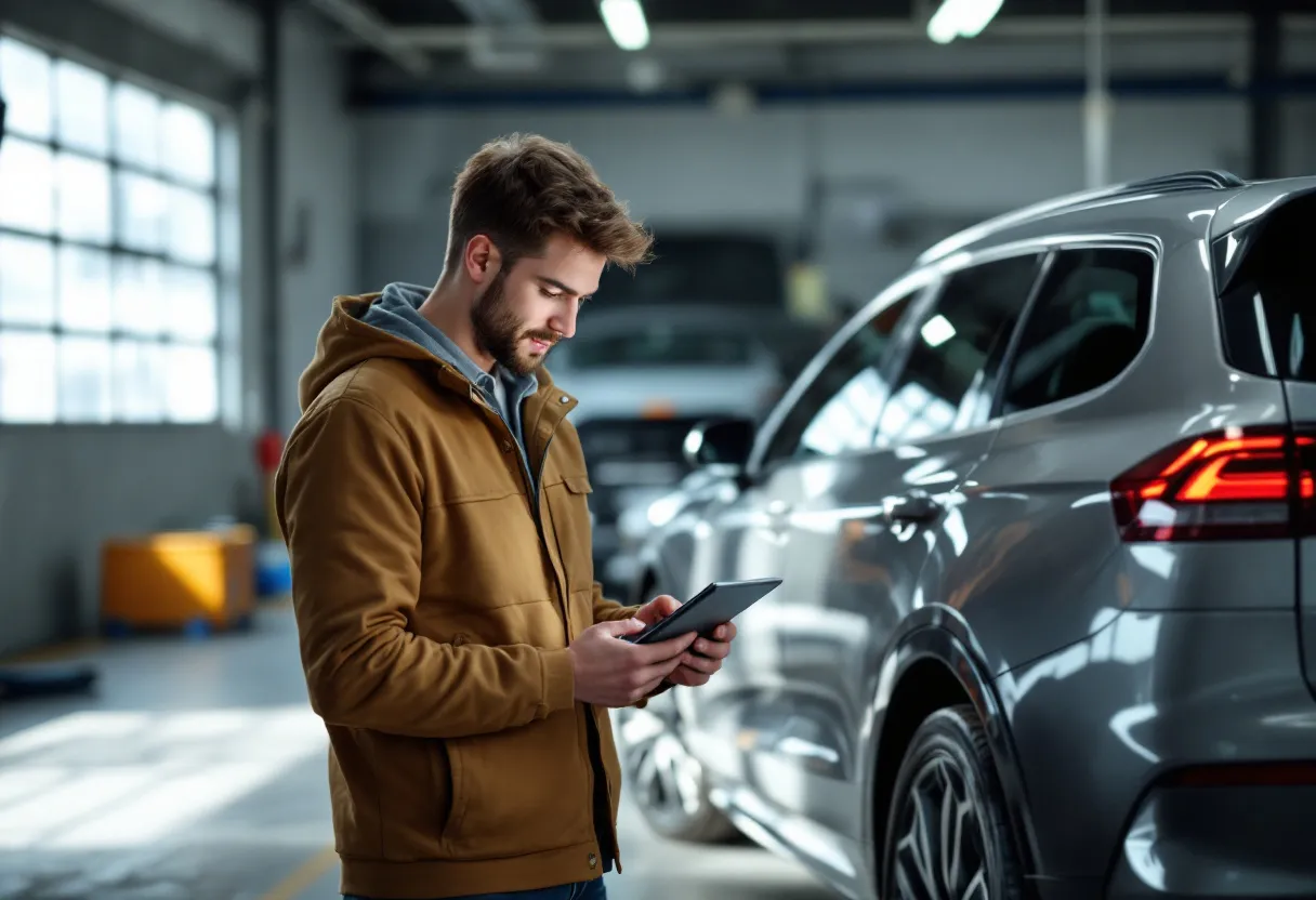 Een jonge man in een goed verlichte garage in Vlaanderen bestudeert op zijn tablet een overzicht van maandelijkse autokosten terwijl hij naast een glimmende zilveren stationwagen staat.