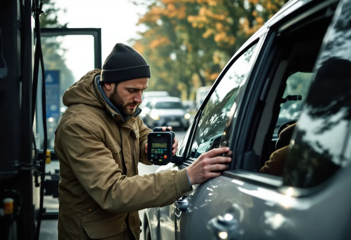 Een Vlaamse automobilist controleert de profieldiepte van een autoband met een bandenprofielliniaal, terwijl een keuringsstation met openstaande deuren op de achtergrond te zien is.