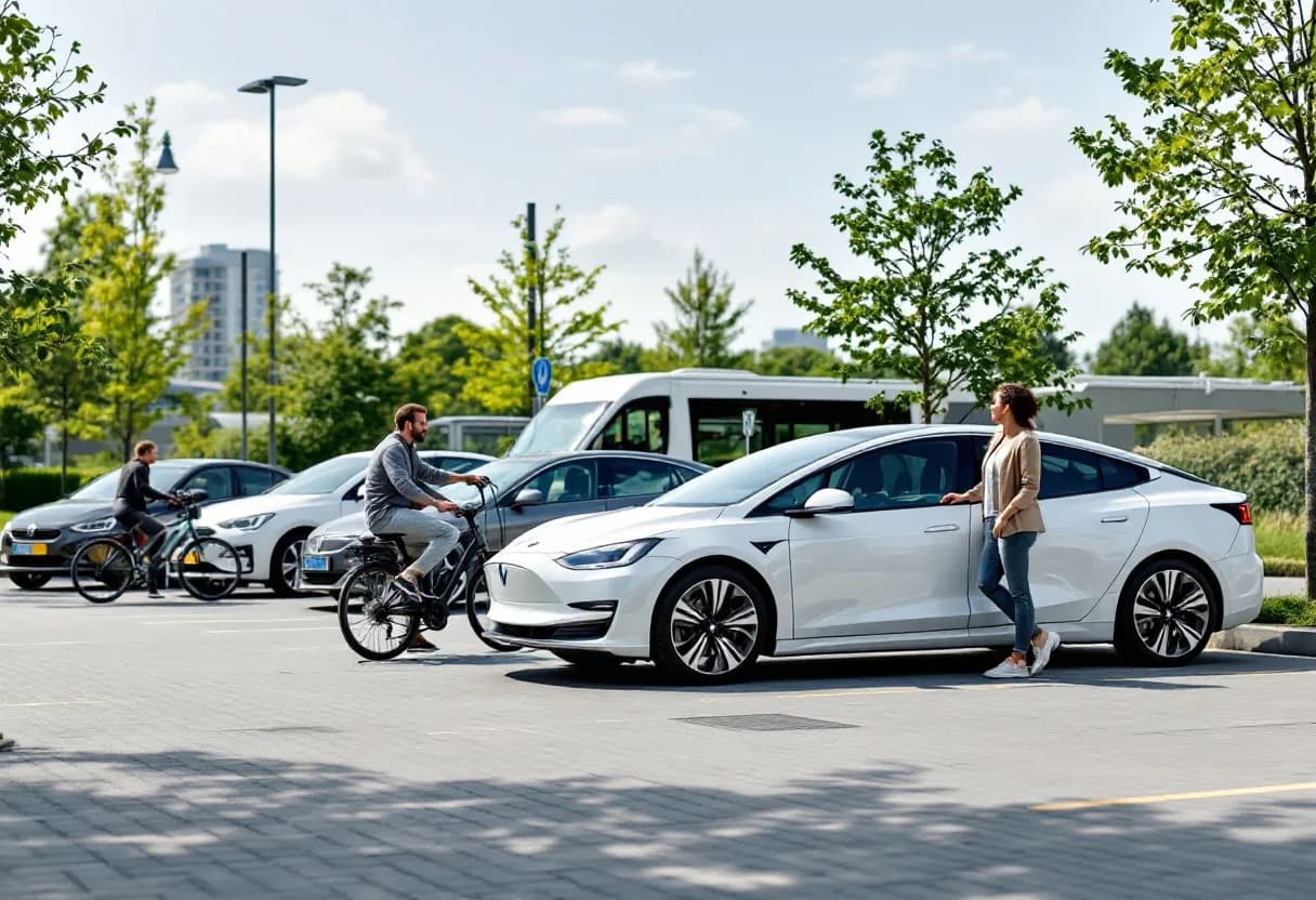 Een zonnige lentedag op een open Vlaamse parkeerplaats omgeven door groen, waar diverse gebruikte elektrische auto's in neutrale kleuren glanzen, met een fietsenrek op de achtergrond, terwijl een man en vrouw lachend een witte elektrische sedan uitproberen.