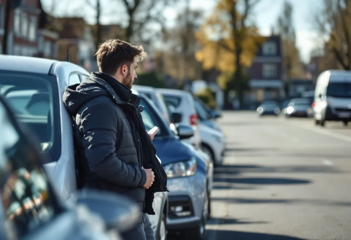 Een jonge man bekijkt aandachtig een rij betaalbare compacte tweedehands auto's op een zonnige parking in een Vlaamse stad, met handgeschreven prijskaartjes op de voorruiten.