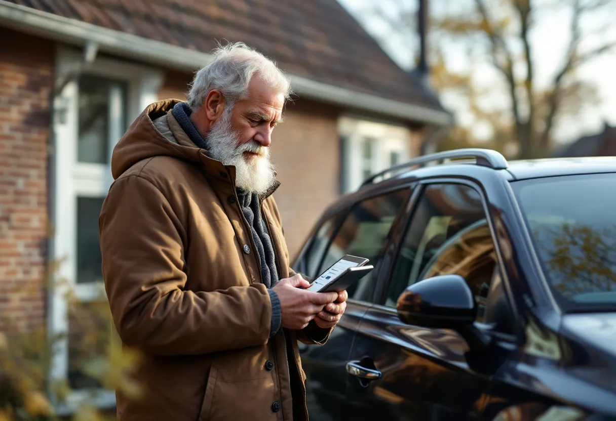 Een dertiger staat op de oprit van een Vlaamse woning naast een glanzende tweedehandsauto, terwijl hij op zijn tablet een overzicht bekijkt van maandelijkse kosten zoals verzekering en onderhoud.