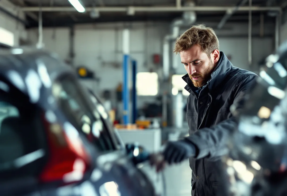 Een monteur in een typisch Vlaamse garage kijkt geconcentreerd naar het koelvloeistofreservoir van een grijze hatchback, terwijl hij een doorzichtige fles met felroze vloeistof bijvult.