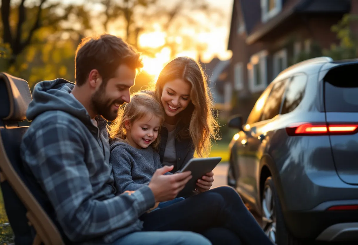 Een gezin met twee kinderen bekijkt een autovergelijker op een tablet, terwijl een moderne gezinswagen op de oprit van hun woning in een Vlaamse villawijk staat te glimmen in de ochtendzon.