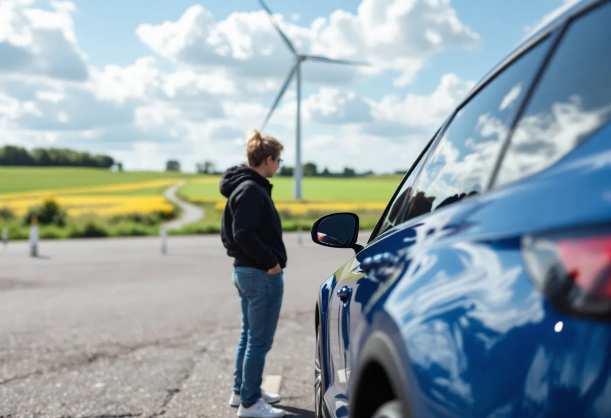 Een gezin bekijkt een glanzende blauwe auto op een zonnige parkeerplaats in het Vlaamse landschap, met op de achtergrond een windmolen en groene velden.