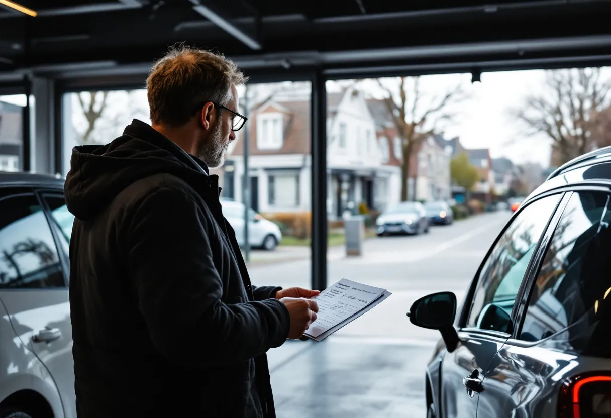 Een Vlaamse automobilist in een lichte showroom kijkt aandachtig naar twee compacte auto's, met een notitieblok met kostenspecificaties in de hand, terwijl door het raam een typisch Vlaams straatbeeld zichtbaar is.
