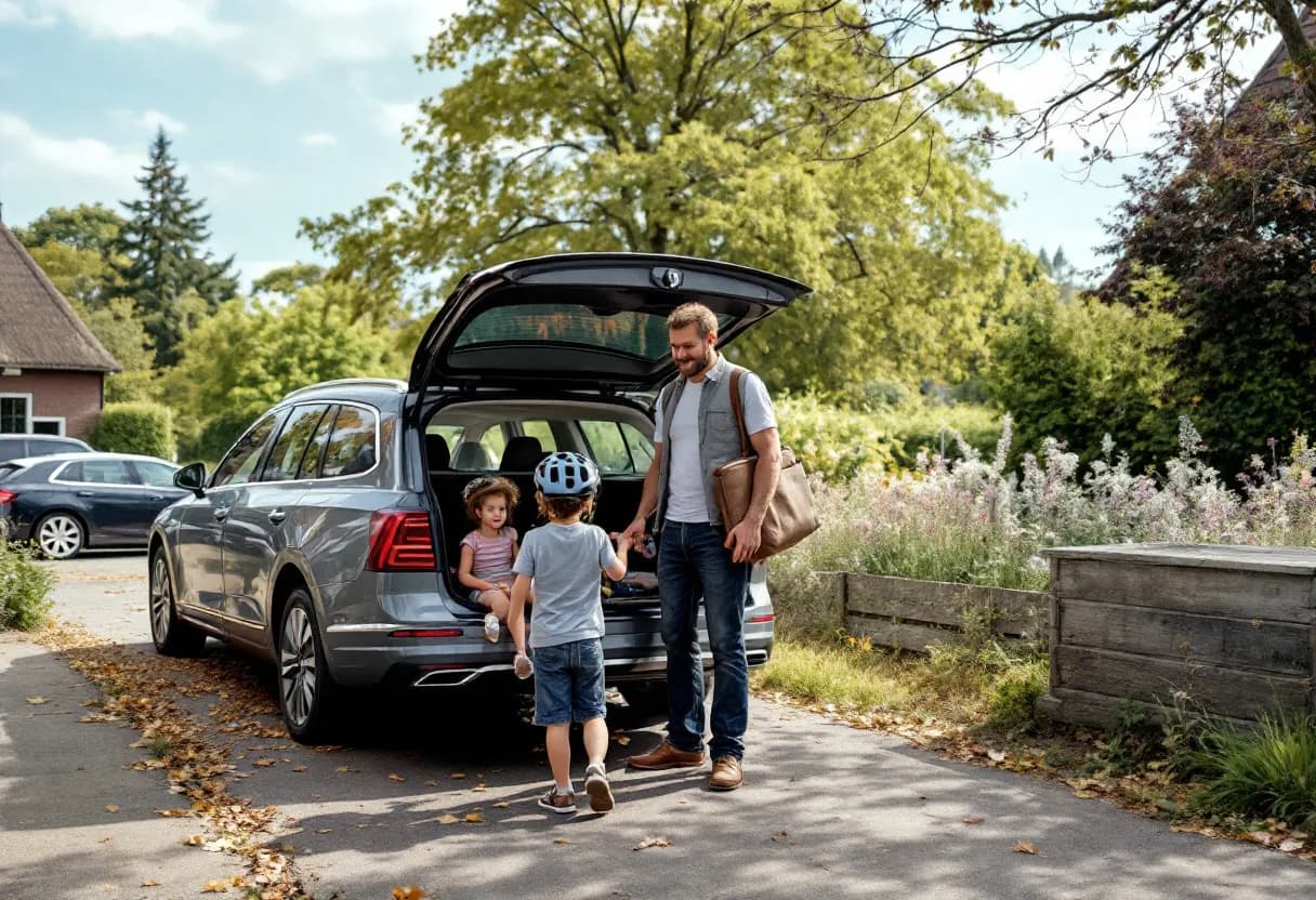 Een Vlaams gezin met twee kinderen staat bij een grijze stationwagen op de oprit van een bakstenen rijhuis; de vader opent de koffer en een kind zit al op de achterbank met een fietshelm.
