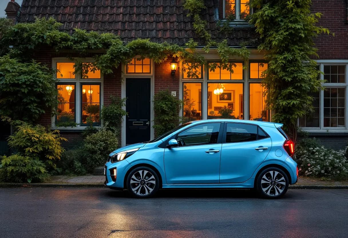 Een lichtblauwe Kia Picanto GT Line staat geparkeerd voor een charmant rijtjeshuis in Gent, met een jong stel dat glimlachend de autosleutel vasthoudt, terwijl de ochtendzon de kasseien verlicht.