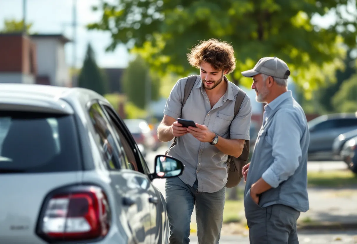 Een jonge Vlaamse bestuurder in een lichte zomerjas inspecteert aandachtig de motorruimte van een compacte tweedehandsauto terwijl een verkoper rustig uitleg geeft op een zonovergoten parkeerplaats in een groene Vlaamse buurt.