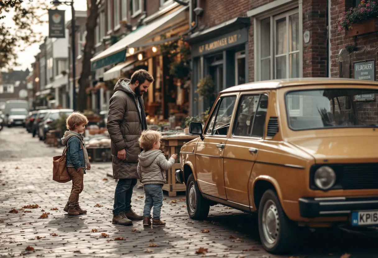 Een koppel inspecteert aandachtig een tweedehands gezinswagen in een rustige Vlaamse straat met kasseien, terwijl de verkoper uitleg geeft.