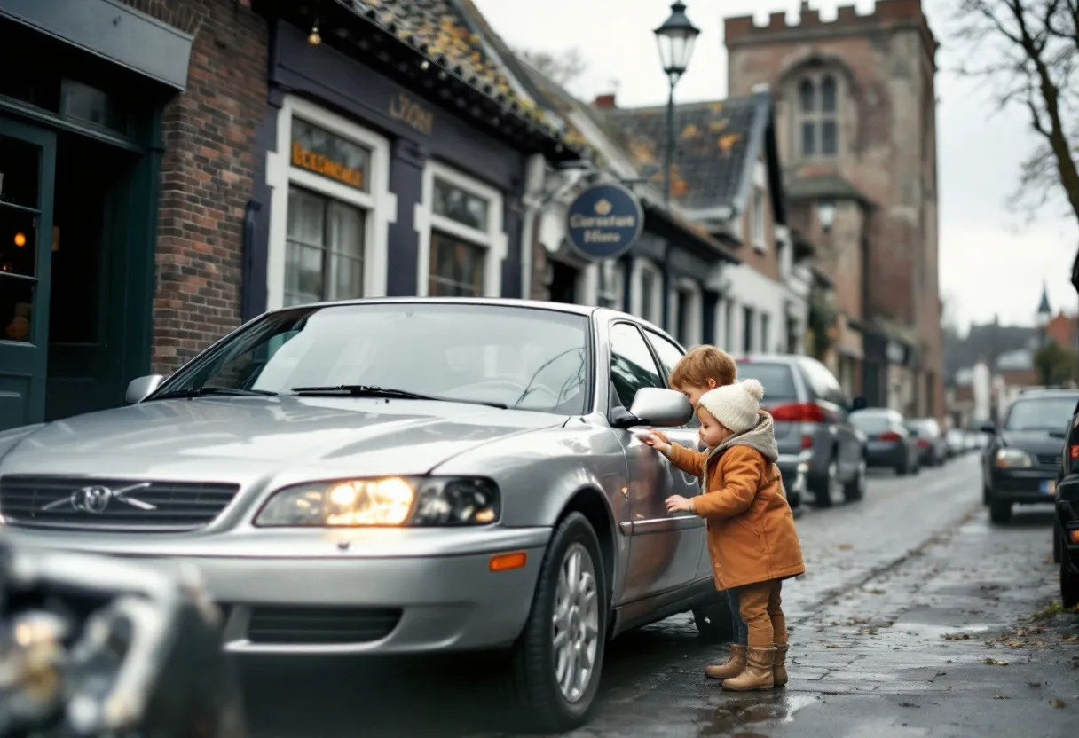 Een koppel inspecteert glimlachend een zilveren tweedehands auto op een rustige kasseienstraat in een Vlaamse stad, met een historisch belfort op de achtergrond.