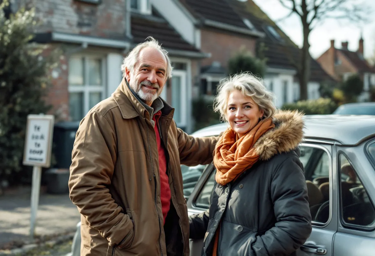Een glimlachende man en vrouw staan naast een zilvergrijze gezinsauto met een bordje 'te koop' in een typisch Vlaamse straat met kasseien en een bakstenen huis op de achtergrond.
