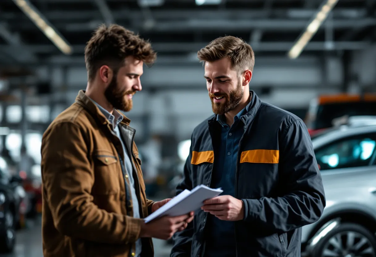 Een jonge man en een verkoper bekijken samen een zilverkleurige tweedehands auto in een helder verlichte garage, terwijl de man een checklist en een pen vasthoudt.