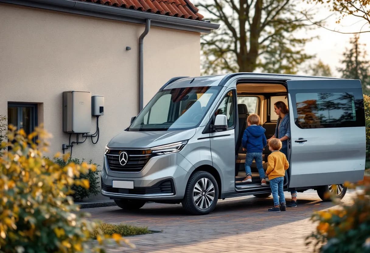 Een moderne elektrische gezinswagen staat op een landelijke Vlaamse oprit, met een laadkabel verbonden aan een stijlvolle wallbox, terwijl een ouder en kind in de achtergrond klaarstaan om in te stappen.