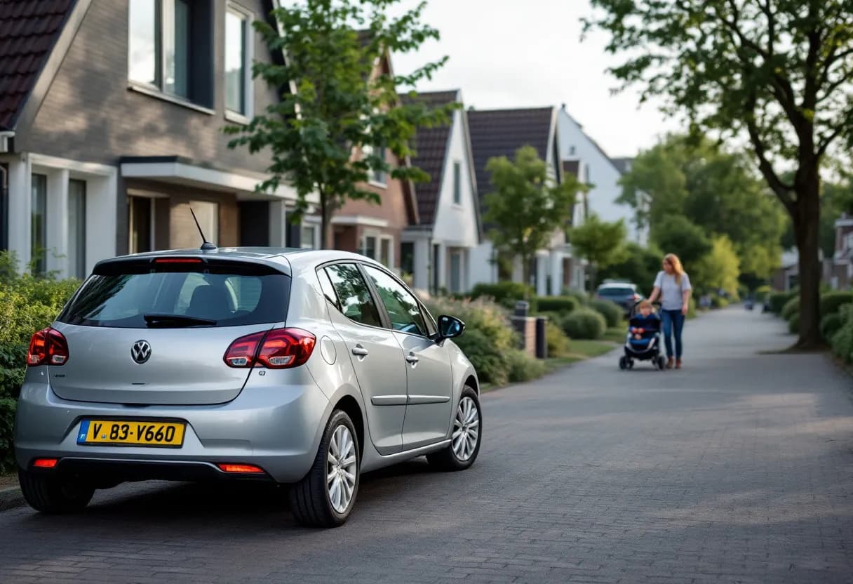 Een zorgvuldig geparkeerde, zilverkleurige tweedehands hatchback met Vlaamse nummerplaat voor een moderne woning in een groene Vlaamse straat, terwijl een gezin met kinderwagen uitstapt.