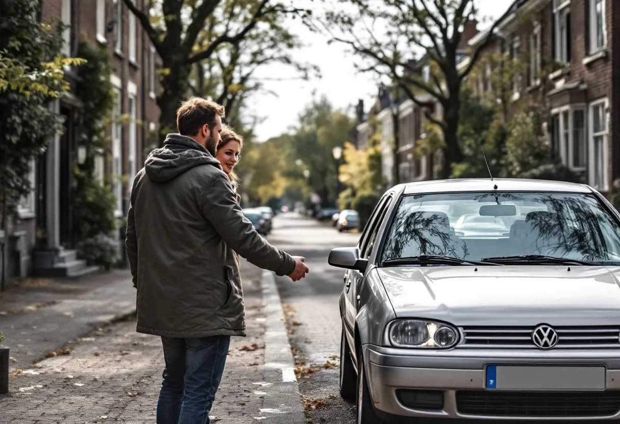 Een glimlachende man overhandigt de autosleutels aan een vrouw op een rustige Vlaamse straat met een 'Te Koop'-bordje op de voorruit van een geparkeerde zilveren hatchback.