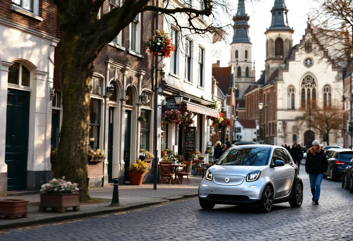 Een zilvergrijze smart #1 elektrische auto rijdt langs een smalle kasseienstraat in een historisch Vlaams stadscentrum met de Sint-Baafskathedraal op de achtergrond.