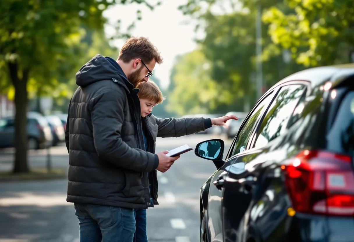 Een jonge koppel inspecteert een gebruikte hatchback op een zonovergoten parkeerplaats in een Vlaamse stad, terwijl de verkoper het onderhoudsboekje toont.