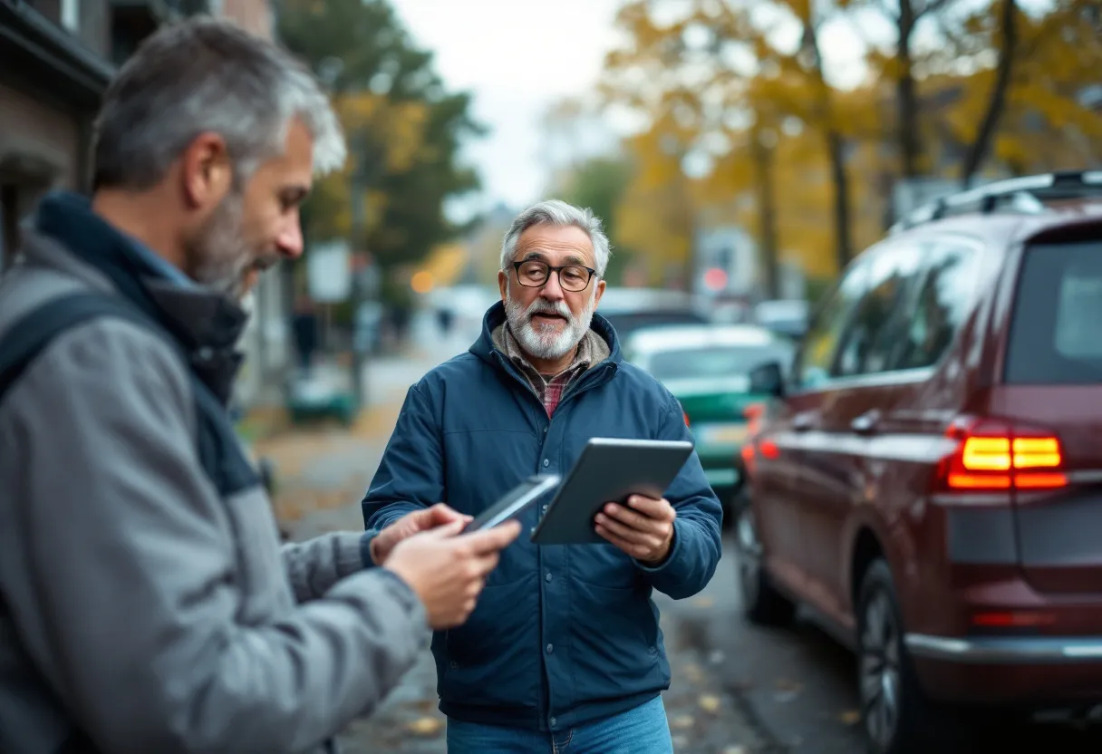Een tevreden koppel bekijkt een tablet met de autokeuzehulp terwijl een koper wegrijdt met hun oude auto op een zonovergoten oprit in een Vlaamse gemeente.