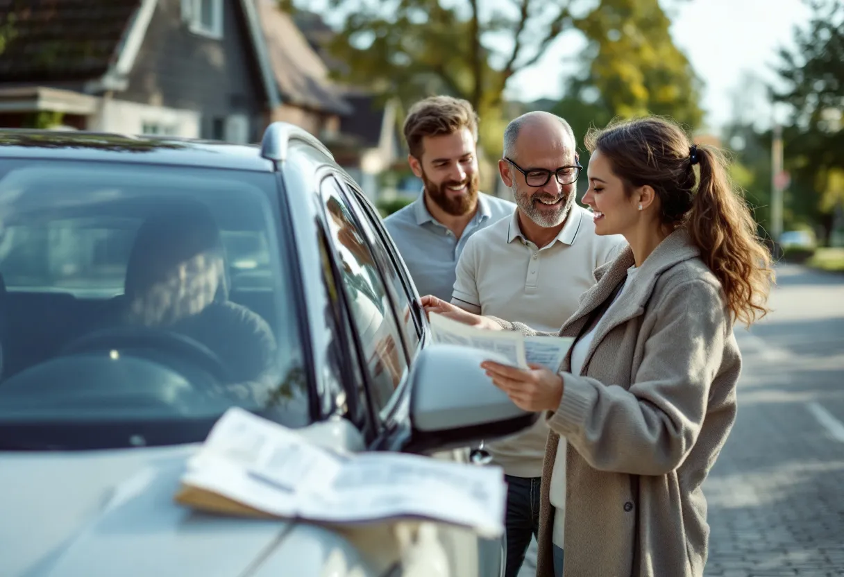 Een glimlachende man in een nette polo overhandigt een autosleutel aan een vrouw naast een recente hatchback op een zonnige oprit in een Vlaamse villawijk, met een map met documenten op de motorkap.