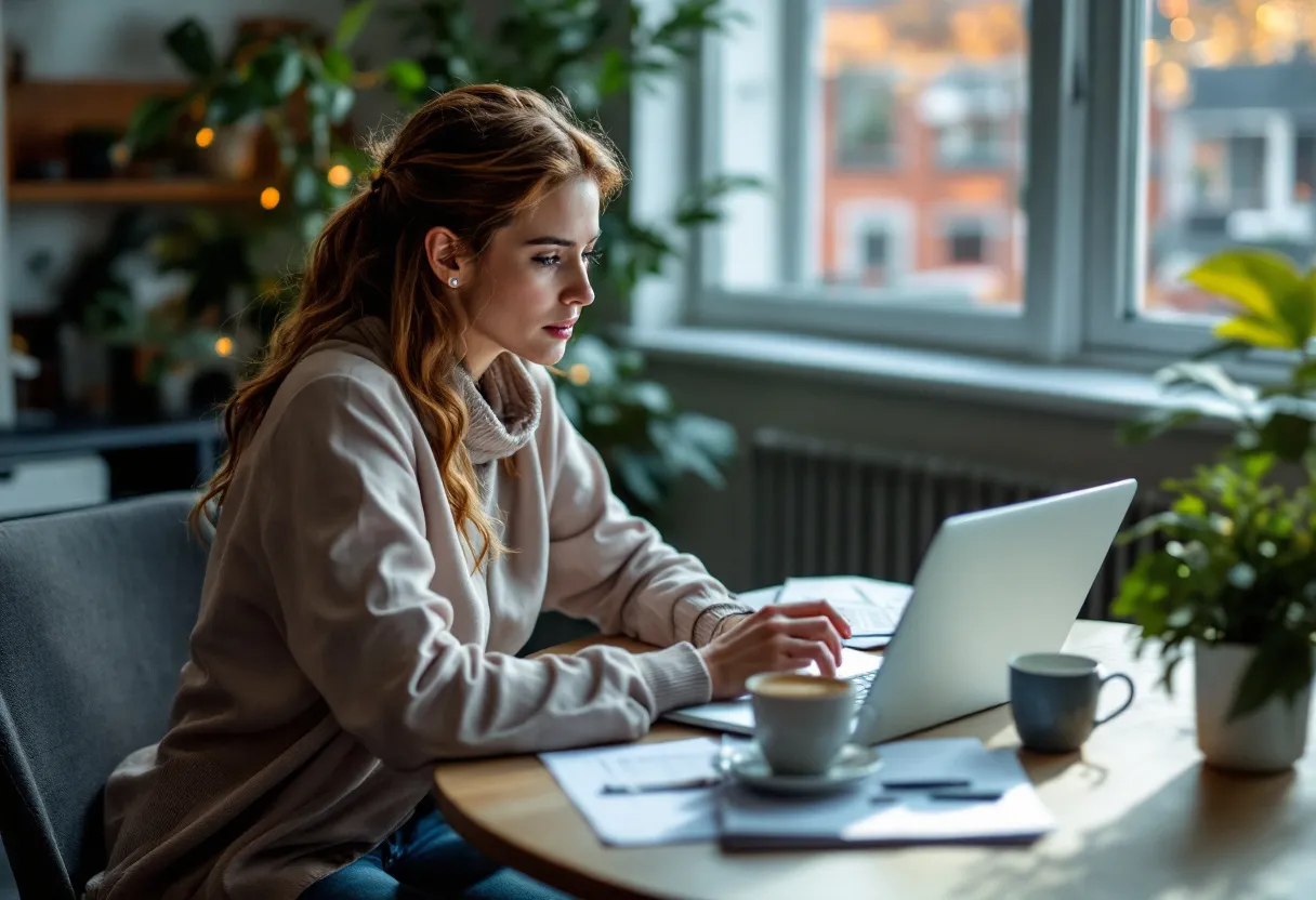Een Vlaams koppel zit aan een eettafel met een opengeslagen laptop, documenten en een kop koffie; ze glimlachen opgelucht bij het zien van een voordelige autolening op het scherm.
