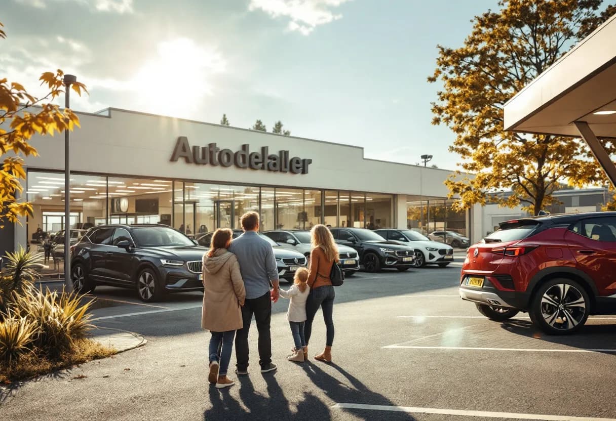 Een gezin van vier staat bij een open autodealer in een Vlaamse dorpskern, met glazen showroomramen en moderne auto's op de voorgrond, terwijl de zon laag over de kasseien schijnt.