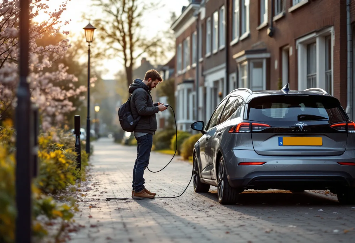 Een fotorealistische scène van een Vlaamse straat in april, met een geparkeerde grijze elektrische hatchback die aan een openbare laadpaal hangt en een glimlachende bestuurder die de laadkabel inplugt.