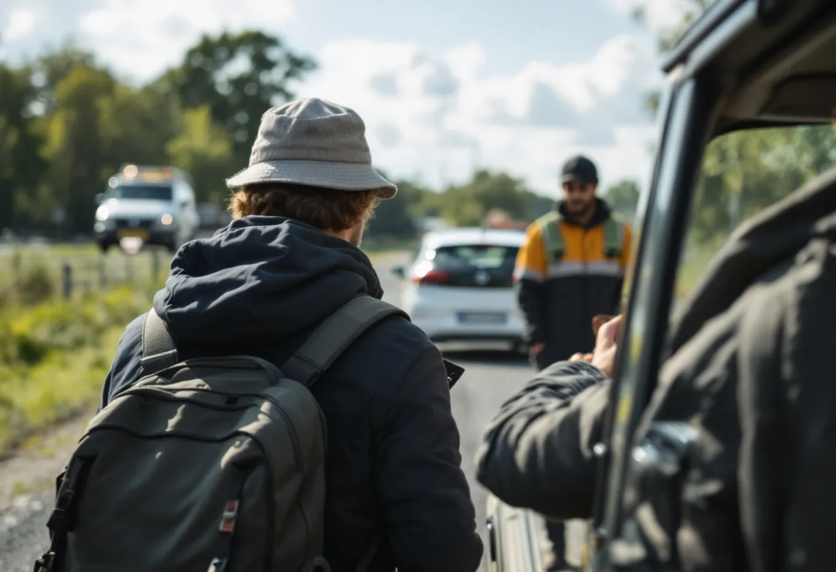 Een Vlaams gezin bekijkt aandachtig een gebruikte gezinswagen op een autoparcours, terwijl een keurmeester in de achtergrond controleert, op een zonnige dag.