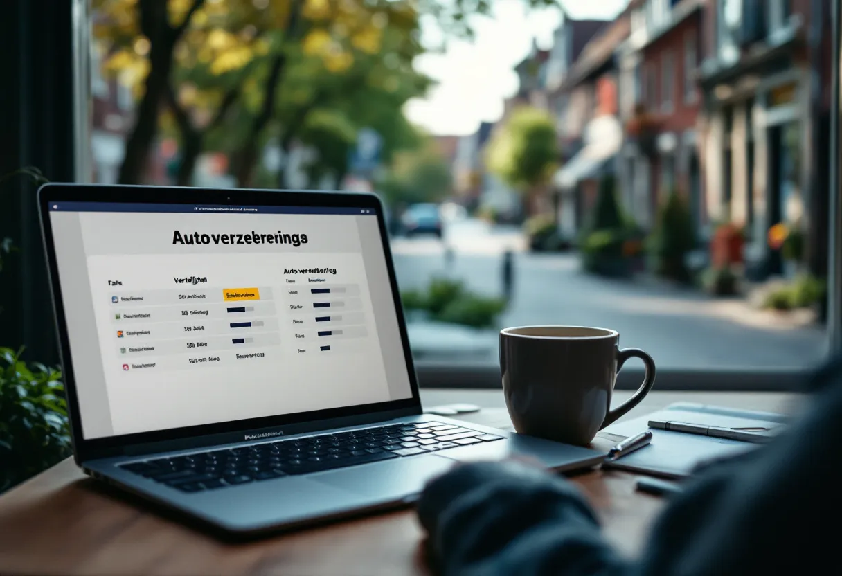 Een close-up van een laptopscherm met een vergelijkingstabel voor autoverzekeringen, een autosleutel en een dampende kop koffie op een houten bureau, met door een raam zicht op een zonnige Vlaamse dorpsstraat.