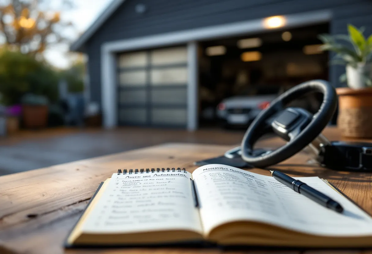 Een fotorealistische close-up van een autosleutel op een houten tafel naast een opengeslagen notitieboek met handgeschreven berekeningen van maandelijkse autokosten, met op de achtergrond een wazige garage.