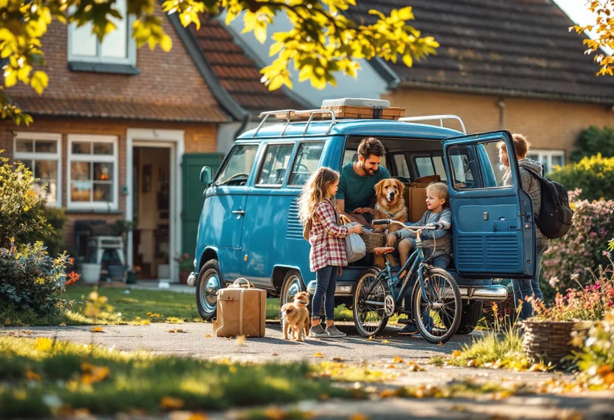 Een fotorealistische scène: een gezin met twee jonge kinderen en een hond laden bagage en een kinderfiets in de koffer van een blauwe middenklasse stationwagen, geparkeerd voor een Vlaamse bakstenen woning met een groen gazon en zonnige ochtend.